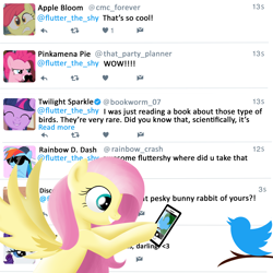 Size: 4000x4000 | Tagged: safe, artist:songbirdserenade, derpibooru import, apple bloom, discord, fluttershy, pinkie pie, rainbow dash, rarity, twilight sparkle, bird, pony, absurd resolution, cellphone, meta, phone, that pony sure does love animals, twitter