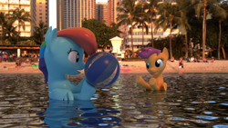 Size: 1920x1080 | Tagged: safe, artist:nein-skill, derpibooru import, rainbow dash, scootaloo, human, 3d, beach, beach ball, blender, building, irl, palm tree, photo, playing, ponies in real life, scootalove, swimming, tree