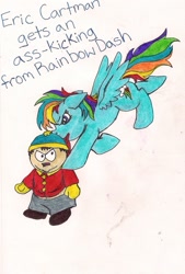 Size: 1069x1581 | Tagged: safe, artist:bowlingfordisco, rainbow dash, pegasus, pony, crossover, eric cartman, female, floppy ears, flying, mare, south park, text, traditional art