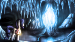 Size: 1920x1080 | Tagged: safe, artist:fongsaunder, rarity, pony, unicorn, cave, female, gem, horn, lantern, mare, purple mane, purple tail, saddle bag, signature, solo, stalagmite, white coat