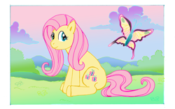 Size: 2636x1644 | Tagged: safe, artist:lotothetrickster, fluttershy, butterfly, pegasus, pony, female, grass, looking at you, looking sideways, mare, outdoors, sitting, smiling, solo, three quarter view, wingless