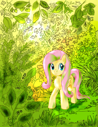 Size: 1950x2525 | Tagged: safe, artist:lotothetrickster, fluttershy, pegasus, pony, female, folded wings, forest, mare, outdoors, raised hoof, solo, three quarter view, walking, wings