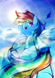 Size: 1500x2118 | Tagged: safe, artist:qicop, rainbow dash, pegasus, pony, blue coat, female, mare, multicolored mane, pixiv, solo