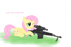 Size: 1202x802 | Tagged: safe, artist:nimbostratus, fluttershy, pegasus, pony, cutie mark, dialogue, female, gun, hooves, hush now quiet now, mare, one eye closed, optical sight, prone, rifle, simple background, smiling, sniper, sniper rifle, snipershy, sniperskya vintovka dragunova, solo, teeth, weapon, white background, wings