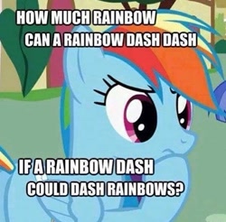 Size: 471x463 | Tagged: safe, derpibooru import, edit, edited screencap, screencap, rainbow dash, pegasus, pony, female, hoof on chin, image macro, mare, meme, solo, text, thinking