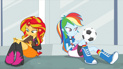 Size: 1280x720 | Tagged: safe, derpibooru import, screencap, rainbow dash, sunset shimmer, equestria girls, rainbow rocks, ball, book, boots, clothes, compression shorts, courtyard, football, jacket, journal, leather jacket, sitting, skirt, socks, waiting, wristband