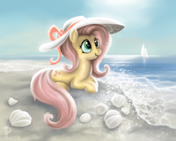 Size: 1920x1536 | Tagged: safe, artist:rom-art, fluttershy, pegasus, pony, beach, boat, hat, ocean, sailboat, seashell, solo, sparkles