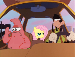 Size: 720x540 | Tagged: safe, edit, fluttershy, pegasus, pony, a goofy movie, car, goofy (disney), patrick star, spongebob squarepants, valentine's day (spongebob episode), wat