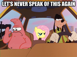 Size: 624x468 | Tagged: safe, edit, fluttershy, pegasus, pony, a goofy movie, car, crossover, funny, goofy (disney), image macro, patrick star, reaction image, spongebob squarepants, toon disney, valentine's day (spongebob episode), wat