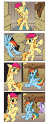 Size: 720x1801 | Tagged: safe, artist:ecartoonman, artist:ianvox, derpibooru import, braeburn, rainbow dash, oc, buffalo, pegasus, pony, bipedal, comic, covering, embarrassed, hat, hay bale, laughing, shower, shower cap, soap