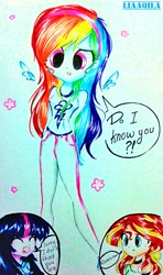 Size: 1101x1854 | Tagged: safe, artist:liaaqila, derpibooru import, rainbow dash, sunset shimmer, twilight sparkle, equestria girls, alternate universe, cute, dashabetes, sweet, traditional art