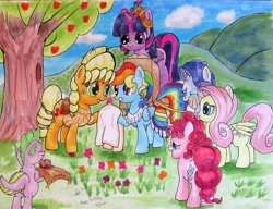 Size: 1808x1388 | Tagged: safe, artist:kittyhawk-contrail, derpibooru import, applejack, fluttershy, pinkie pie, rainbow dash, rarity, spike, twilight sparkle, twilight sparkle (alicorn), alicorn, dragon, earth pony, pegasus, pony, unicorn, alternate hairstyle, appledash, big crown thingy, female, lesbian, mane six, mare, shipping, wedding