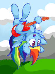 Size: 1708x2272 | Tagged: safe, artist:graphene, rainbow dash, pegasus, pony, electric guitar, flying, guitar, open mouth, smiling, solo, upside down