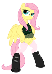 Size: 2129x3046 | Tagged: safe, artist:shadawg, fluttershy, pegasus, pony, bipedal, body armor, clothes, flak jacket, high res, simple background, solo, stockings, transparent background