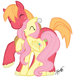 Size: 994x1050 | Tagged: safe, artist:dawnallies, big macintosh, fluttershy, earth pony, pegasus, pony, eyes closed, fluttermac, male, neck nuzzle, nuzzling, shipping, stallion, straight