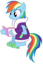 Size: 7000x10400 | Tagged: safe, artist:tardifice, derpibooru import, rainbow dash, pegasus, pony, applejack's "day" off, absurd resolution, clothes, cute, dashabetes, magazine, reading, robe, simple background, sitting, slippers, solo, spa robe, tank slippers, transparent background, vector