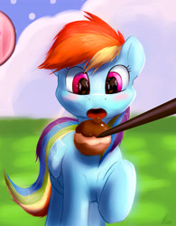 Size: 1170x1500 | Tagged: safe, artist:hieronymuswhite, derpibooru import, rainbow dash, pegasus, pony, apple, candy apple (food), caramel apple (food), cute, dashabetes, food, pokepuff, pokémon, pokémon amie, pokémon x and y, solo, stylus