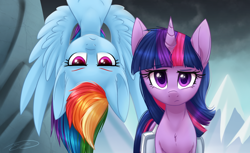 Size: 1132x691 | Tagged: safe, artist:doekitty, derpibooru import, rainbow dash, twilight sparkle, pegasus, pony, unicorn, dragonshy, duo, female, looking at you, mare, mountain, saddle bag, scene interpretation, upside down