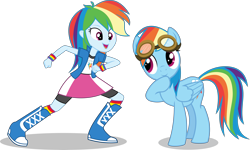 Size: 7500x4488 | Tagged: safe, artist:limedazzle, derpibooru import, rainbow dash, pony, equestria girls, absurd resolution, backwards cutie mark, boots, bracelet, clothes, giggling, goggles, human ponidox, jewelry, open mouth, pony counterpart, self ponidox, simple background, socks, square crossover, transparent background, vector, wristband