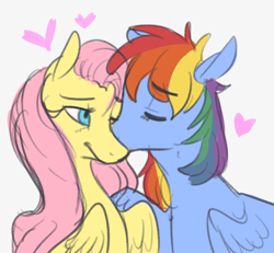 Size: 540x500 | Tagged: safe, artist:terrac0tta, derpibooru import, fluttershy, rainbow dash, pegasus, pony, eyes closed, female, flutterdash, heart, kissing, lesbian, mare, shipping, simple background, white background