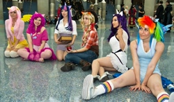 Size: 1024x603 | Tagged: safe, artist:aktrez, artist:scruffyrebel, artist:xsoulxxxreaperx, artist:yayacosplay, derpibooru import, applejack, fluttershy, pinkie pie, rainbow dash, rarity, twilight sparkle, human, cosplay, irl, irl human, jessica nigri, mane six, photo