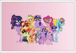 Size: 504x350 | Tagged: safe, artist:verve, derpibooru import, apple bloom, applejack, pinkie pie, rainbow dash, sci-twi, spike, sunset shimmer, twilight sparkle, twilight sparkle (alicorn), alicorn, pony, equestria girls, ain't never had friends like us, armband, ask genie twilight, bottle, erlenmeyer flask, gem, genie, gradient background, headband, human ponidox, jewelry, looking at you, multeity, pixel art, scar, self ponidox, smiling, sparkle sparkle sparkle, twolight, wing jewelry