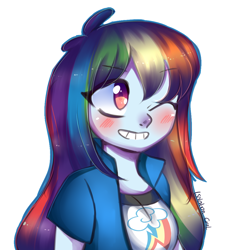 Size: 1024x1024 | Tagged: dead source, safe, artist:isolation-girl, derpibooru import, rainbow dash, equestria girls, blushing, female, one eye closed, signature, simple background, solo, white background, wink