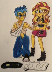 Size: 2171x3009 | Tagged: safe, artist:bozzerkazooers, flash sentry, sunset shimmer, equestria girls, bandage, blushing, boots, bruised, clothes, female, flashimmer, jeans, male, pants, partial nudity, scratches, shipping, shoes, skirt, sling, sneakers, straight, topless, traditional art