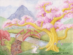 Size: 1024x778 | Tagged: safe, artist:the-wizard-of-art, angel bunny, fluttershy, butterfly, rabbit, bridge, cherry blossoms, cherry tree, dendrification, fluttertree, mountain, neighponese, path, river, species swap, traditional art, tree, watercolor painting