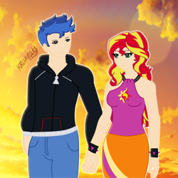 Size: 1900x1900 | Tagged: safe, artist:novadrawsxx, flash sentry, sunset shimmer, equestria girls, female, flashimmer, holding hands, male, shipping, straight