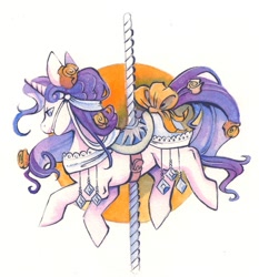 Size: 931x1000 | Tagged: safe, artist:mittymandi, rarity, pony, unicorn, bit, bit gag, bondage, carousel, carousel bondage, gag, saddle, solo