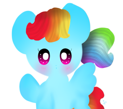 Size: 665x587 | Tagged: safe, artist:anyaink, derpibooru import, rainbow dash, pegasus, pony, blushing, chibi, female, mare, simple background, solo, white background