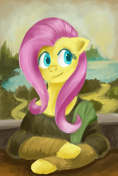 Size: 1024x1536 | Tagged: safe, artist:rk-d, fluttershy, pegasus, pony, bust, fine art parody, fluttalisa, hilarious in hindsight, looking sideways, mona lisa, portrait, smiling, solo