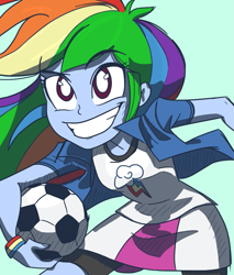 Size: 939x1100 | Tagged: safe, artist:lunchie, artist:varemia, rainbow dash, equestria girls, rainbow rocks, armband, clothes, colored, football, grin, leaning, skirt, smiling, solo, trace