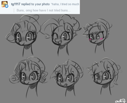 Size: 1280x1041 | Tagged: safe, artist:bloodatius, derpibooru import, applejack, fluttershy, pinkie pie, rainbow dash, rarity, twilight sparkle, earth pony, pegasus, pony, unicorn, alternate hairstyle, ask, bust, cute, grayscale, hair bun, looking at you, mane six, monochrome, neo noir, partial color, portrait, sketch, tumblr