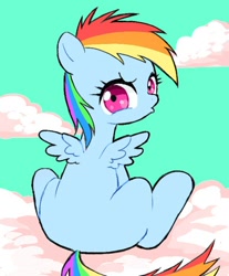 Size: 600x726 | Tagged: safe, artist:susu, rainbow dash, pegasus, pony, blank flank, cloud, female, filly, filly rainbow dash, pouting, solo, spread wings, wings, younger