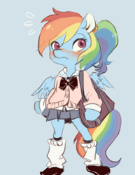 Size: 500x649 | Tagged: safe, artist:kyuko yogurt, rainbow dash, pegasus, pony, semi-anthro, bow, clothes, miniskirt, pixiv, pleated skirt, satchel, school uniform, skirt, socks, solo, zettai ryouiki