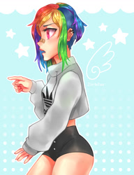 Size: 1000x1300 | Tagged: safe, artist:zorbitas, derpibooru import, rainbow dash, human, bandaid, clothes, female, humanized, looking at something, midriff, open mouth, pointing, solo
