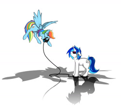 Size: 1341x1181 | Tagged: safe, dj pon-3, rainbow dash, vinyl scratch, pegasus, pony, unicorn, annoyed, blue coat, blue wings, duo, duo female, female, females only, flying, glasses, horn, lidded eyes, looking up, mare, multicolored mane, multicolored tail, shadow, simple background, spread wings, two toned mane, two toned tail, white background, white coat, wings