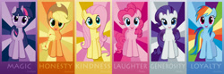 Size: 6144x2048 | Tagged: safe, artist:waranto, derpibooru import, applejack, fluttershy, pinkie pie, rainbow dash, rarity, twilight sparkle, earth pony, pegasus, pony, unicorn, absurd resolution, generosity, honesty, hugpony poses, kindness, loyalty, magic, mane six, poster