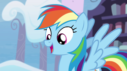 Size: 1280x720 | Tagged: safe, derpibooru import, screencap, rainbow dash, pegasus, pony, testing testing 1-2-3, happy, open mouth, solo