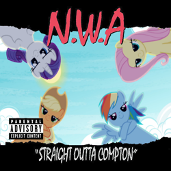 Size: 654x654 | Tagged: safe, derpibooru import, edit, applejack, fluttershy, rainbow dash, rarity, earth pony, pegasus, pony, unicorn, album, fresh princess of friendship, nwa, parental advisory, straight outta compton