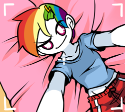 Size: 1000x900 | Tagged: safe, artist:chch, rainbow blitz, rainbow dash, human, bed, belly button, humanized, midriff, rule 63, selfie