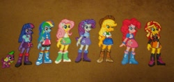 Size: 1024x483 | Tagged: safe, artist:pika-robo, derpibooru import, applejack, fluttershy, pinkie pie, rainbow dash, rarity, spike, sunset shimmer, twilight sparkle, equestria girls, craft, desktop ponies, perler beads, photo