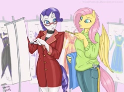 Size: 1039x769 | Tagged: safe, artist:pooryorick, fluttershy, rarity, anthro, clothes, duo, duo female, female, glasses, measuring tape, pants, rarity's glasses, scissors, sweater, sweatershy