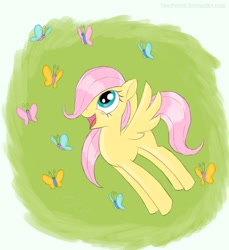 Size: 750x818 | Tagged: safe, artist:pooryorick, fluttershy, butterfly, pegasus, pony, blank flank, filly, hair over one eye, looking at something, looking up, open mouth, so many wonders, spread wings, wings