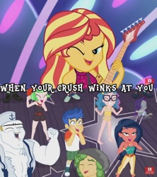 Size: 1080x1215 | Tagged: safe, edit, edited screencap, screencap, bulk biceps, desert sage, drama letter, flash sentry, mile hill, sandalwood, sunset shimmer, technicolor waves, watermelody, better together, equestria girls, spring breakdown, all good (song), doodle bug, female, flashimmer, male, offscreen character, shipping, straight, waldo whereabout