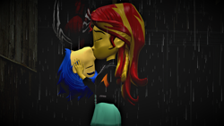 Size: 2560x1440 | Tagged: safe, artist:wolfthepredator, flash sentry, sunset shimmer, equestria girls, clothes, female, flashimmer, jacket, kissing, leather jacket, male, night, rain, shipping, spider-man, spiderman kiss, straight