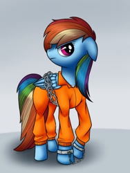 Size: 768x1024 | Tagged: safe, artist:globug100art, derpibooru import, rainbow dash, pegasus, pony, bound wings, chains, clothes, cuffed, cuffs, frustrated, handcuffed, jail, prison, prison outfit, prisoner rd, shackles, solo