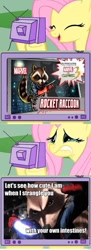 Size: 348x960 | Tagged: safe, fluttershy, pegasus, pony, exploitable meme, meme, obligatory pony, rocket raccoon, tv meme, ultimate marvel vs capcom 3